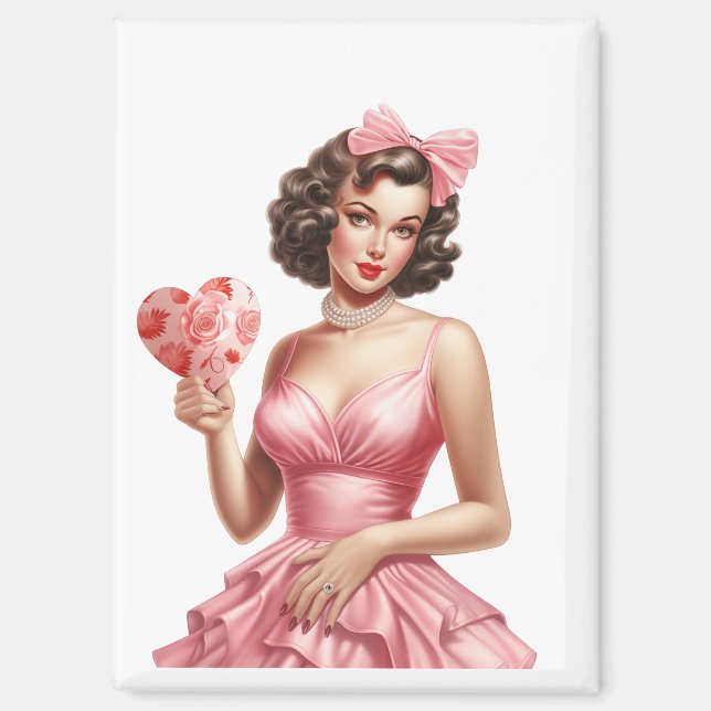 Pink Vintage Valentine Pin-Up Girl Magnet  (Front)