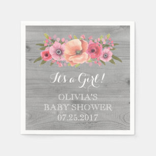 Pink Vintage Watercolor Floral Wood Baby Shower Napkin