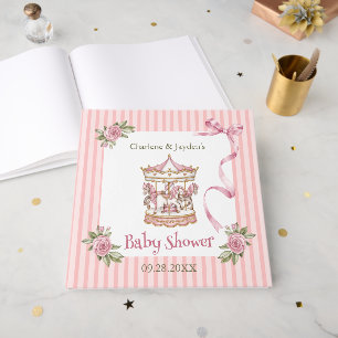 Pink Vintage Watercolor Horse Carousel Baby Shower Guest Book