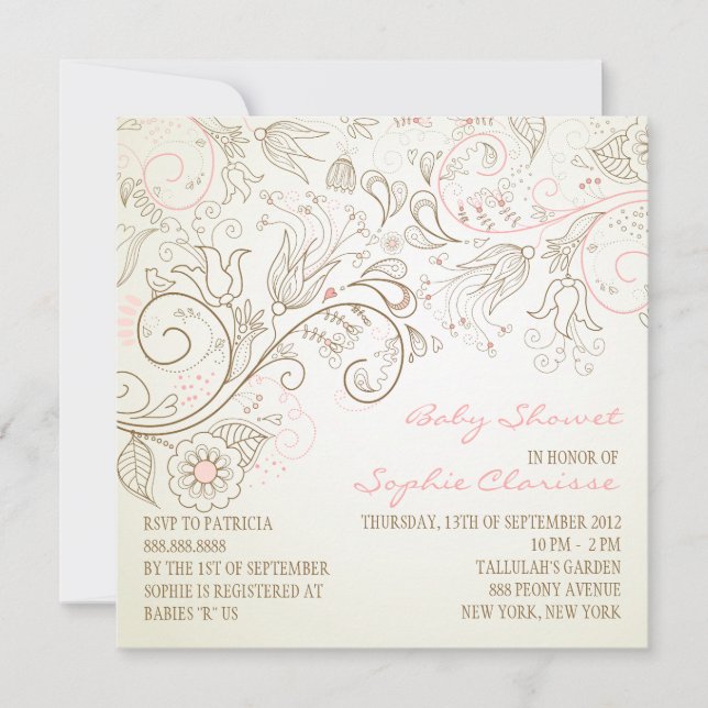 Pink Vintage Whimsy Floral Baby Shower Invitations (Front)