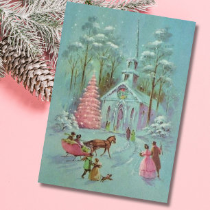 Pink Vintage Winter Christmas Church Holiday Card