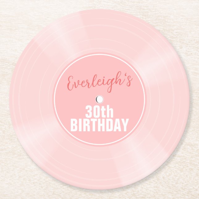 Pink Vinyl Record Music Personalised Birthday Round Paper Coaster (Front)