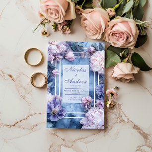 Pink Violet Floral Geometric Blue Marble Wedding Invitation