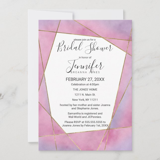 Pink Violet Gold Watercolor Geo Bridal Shower Invitation (Front)