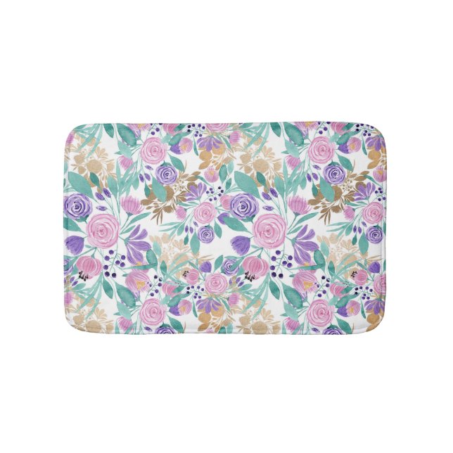 Pink Violet Purple Gold Watercolor Flowers Leaves Bath Mat (Front)