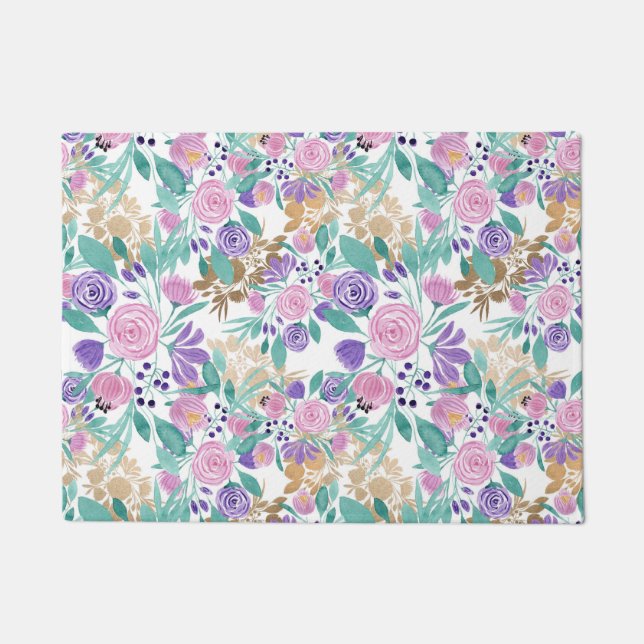 Pink Violet Purple Gold Watercolor Flowers Leaves Doormat (Front)