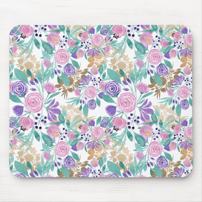 Pink Violet Purple Gold Watercolor Flowers Leaves Mouse Pad (Front)