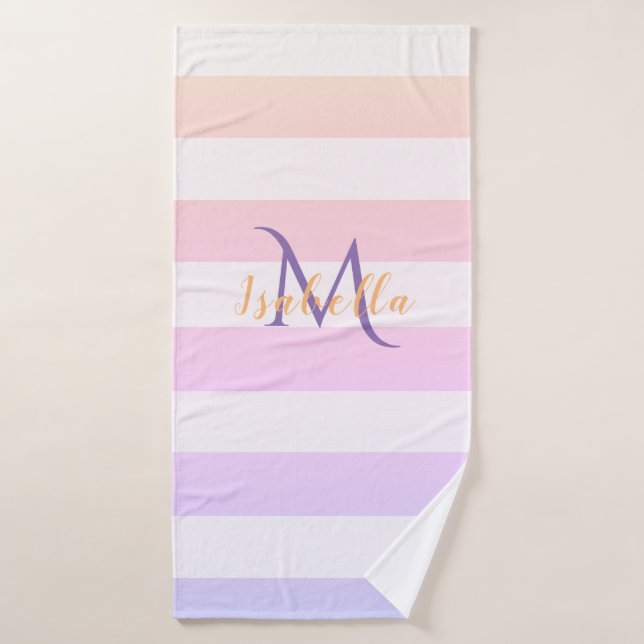 Pink violet stripes monogram name bath towel set (Bath Towel)