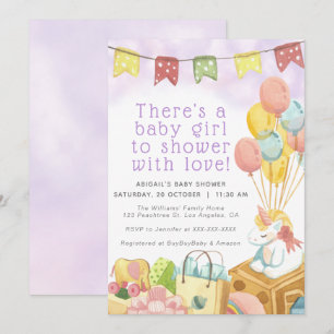 Pink/Violet Unicorn Balloon Party Girl Baby Shower Invitation