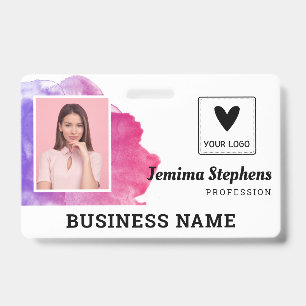 Pink Violet Watercolor Add Your Logo Employee ID Badge