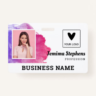 Pink Violet Watercolor Add Your Logo Employee ID Badge