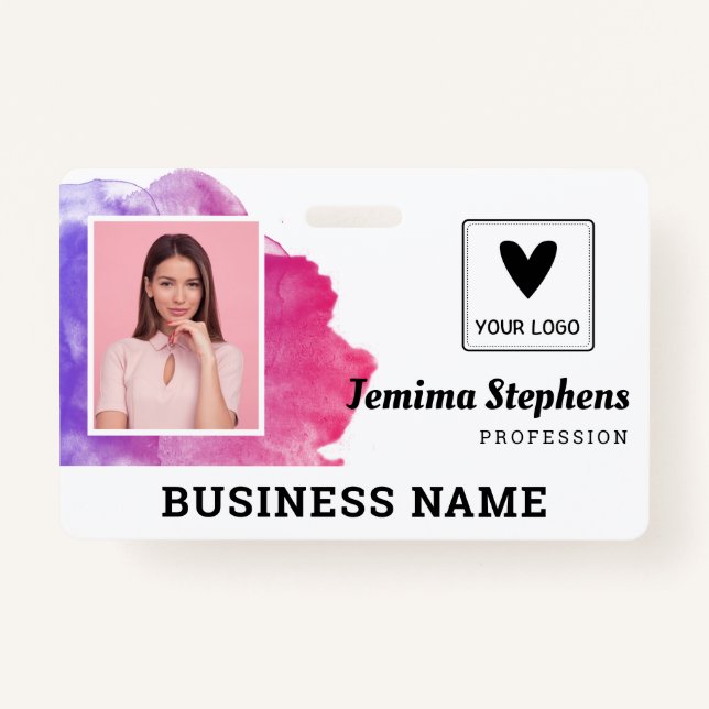 Pink Violet Watercolor Add Your Logo Employee ID Badge (Front)