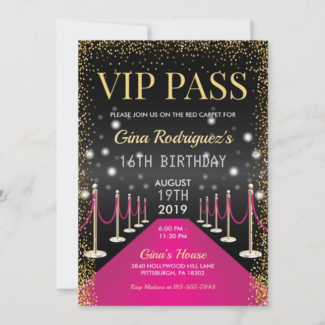Pink VIP Pass Hollywood Red Carpet Birthday Invitation (Front)