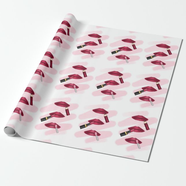 Pink Viva Magenta Lip Makeup Pattern Wrapping Paper (Unrolled)