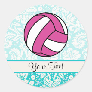 Pink Volleyball; Damask Pattern Classic Round Sticker