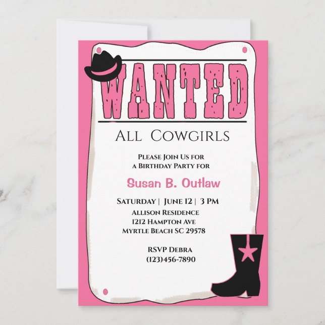 Pink Wanted Poster Birthday Invitation (Front)
