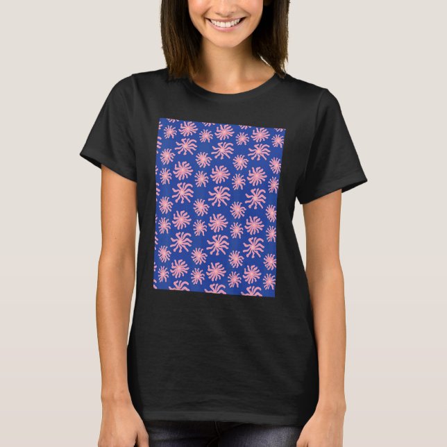 Pink Warped Daisy Wavy Flower Pattern on Cobalt Bl T-Shirt (Front)