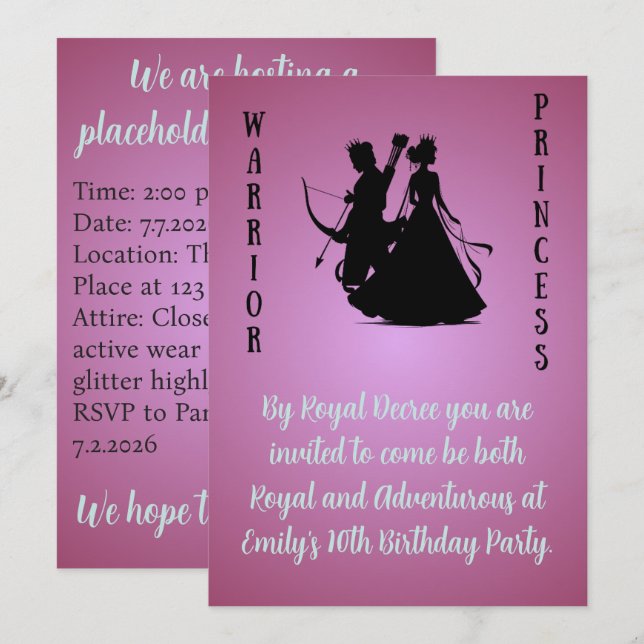 Pink Warrior Princess Activity Birthday Invitation (Front/Back)