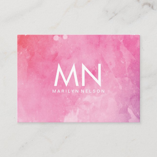 Pink Water Colour Monogram Business Card (Front)