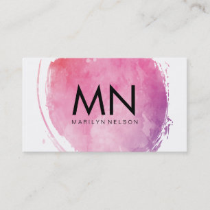 Pink Water Colour Monogram Business Card