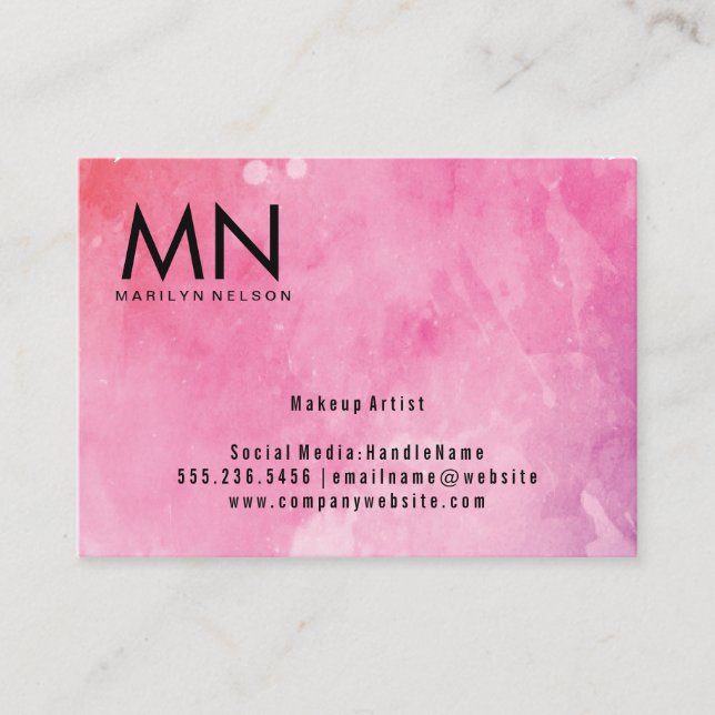 Pink Water Colour Monogram Business Card (Front)