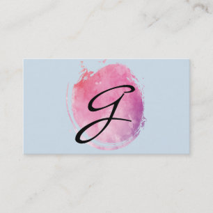 Pink Water Colour Monogram Fancy on Blue Business Card