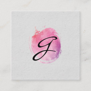 Pink Water Colour Monogram Fancy Text Speckled Square Business Card