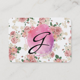 Pink Water Colour Monogram Floral Pattern Business Card