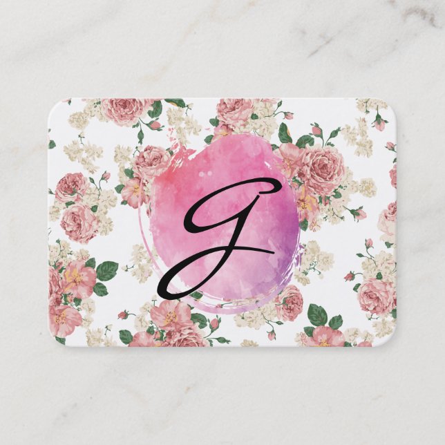 Pink Water Colour Monogram Floral Pattern Business Card (Front)