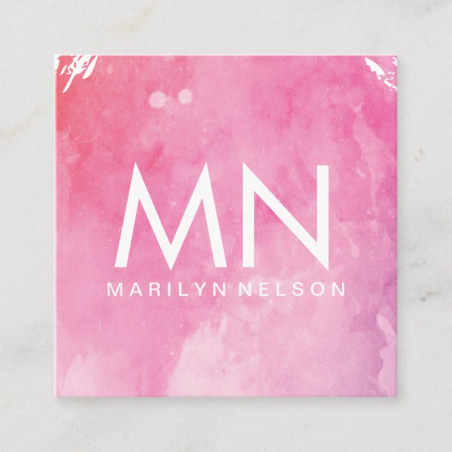 Pink Water Colour Monogram Square Business Card (Front)