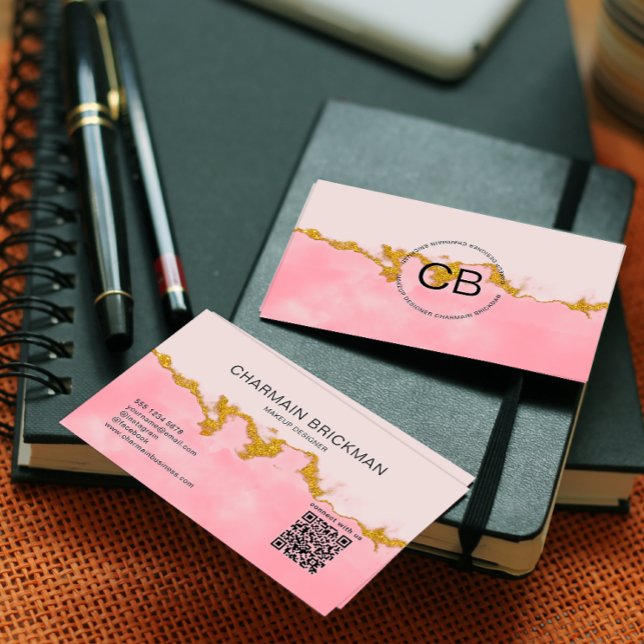 Pink Water Colour QR Code Monogram Business Card (Creator Uploaded)