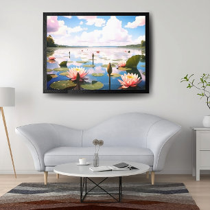 Pink Water Flowers and Sky on Reflective Lake    Canvas Print