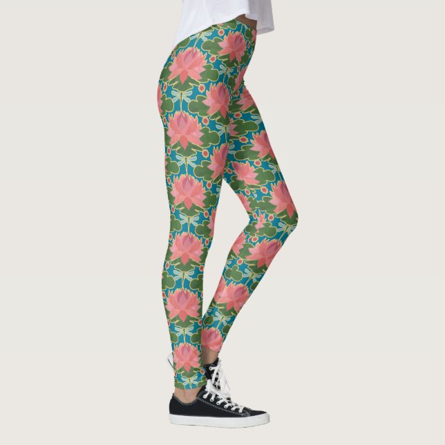 Pink Water Lilies and Blue Dragonflies on Teal Leggings (Right)