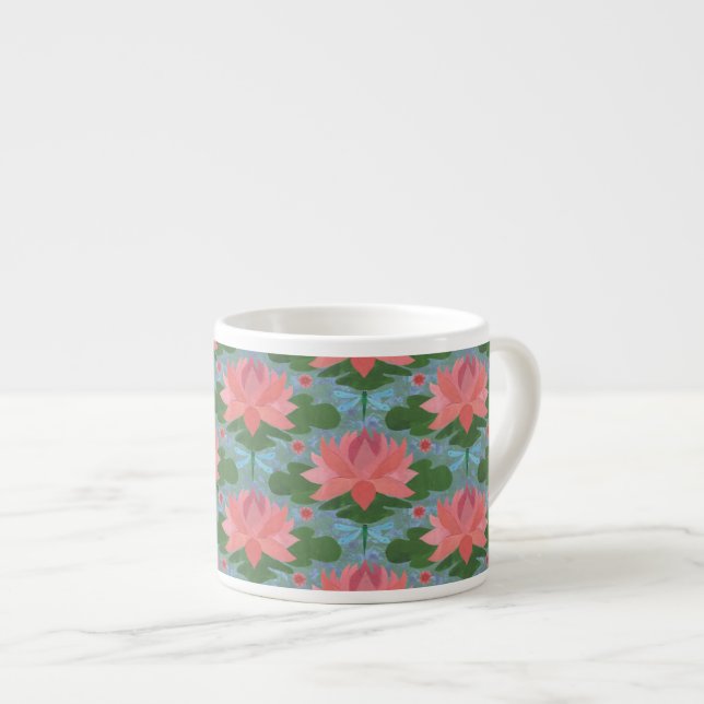 Pink Water Lilies and Dragonflies Espresso Mug (Front Right)