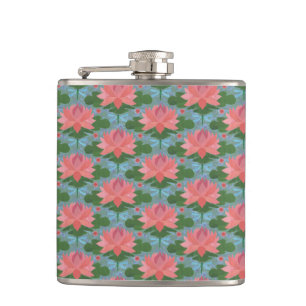 Pink Water Lilies and Dragonflies Hip Flask