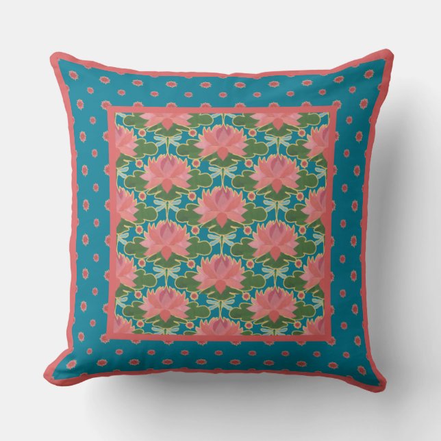 Pink Water Lilies and Dragonflies Pillow, Cushion (Front)