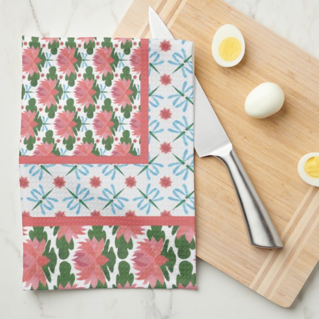 Pink Water Lilies, Blue Dragonflies: Kitchen Towel (Quarter Fold)
