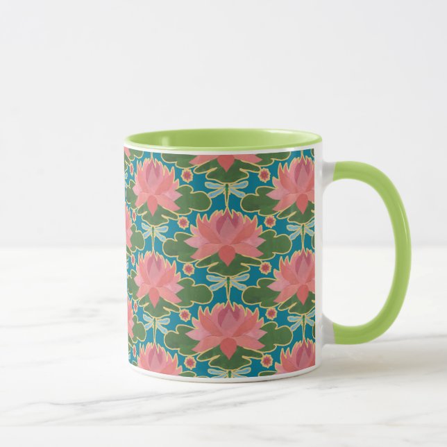 Pink Water Lilies, Blue Dragonflies Pattern Mug (Right)
