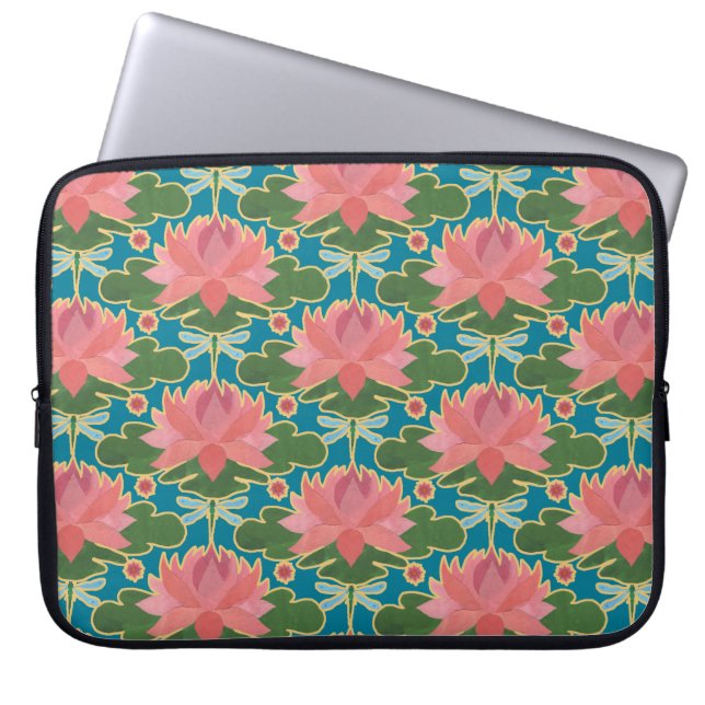 Pink Water Lilies, Dragonflies Laptop Sleeve (Front)