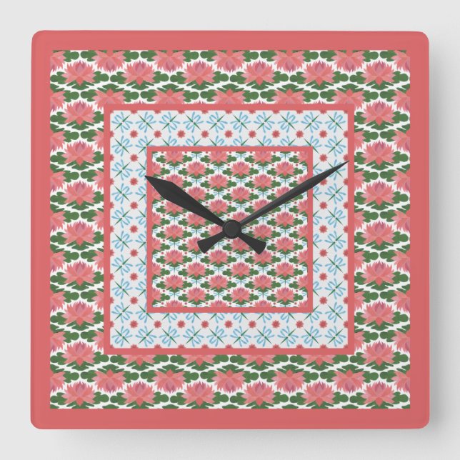 Pink Water Lilies Dragonflies Pendant Wall Clock (Front)