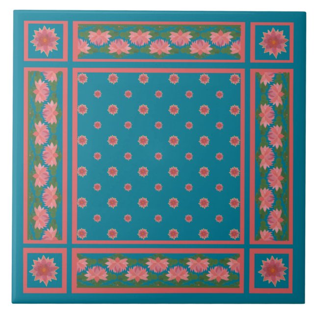 Pink Water Lilies on Deep Blue Ceramic Tile (Front)
