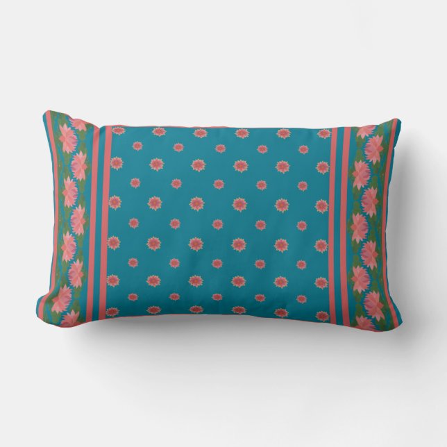 Pink Water Lilies on Deep Blue Lumbar Pillow (Front)