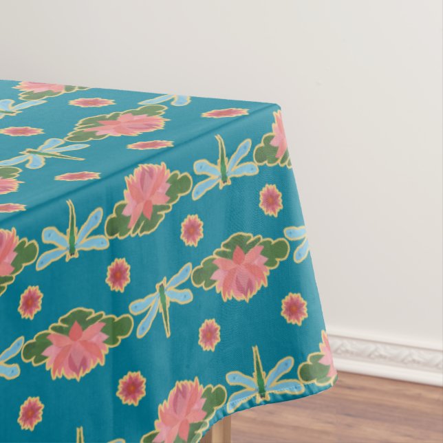 Pink Water Lilies Pale Blue Dragonflies Teal Tablecloth (In Situ)