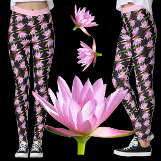 Pink Water Lilies w/Black and Green - Floral Leggings