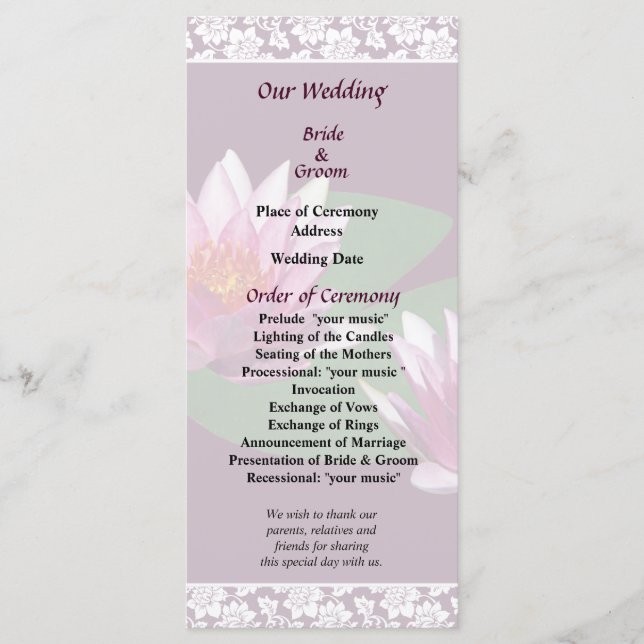 Pink Water Lilies Wedding Program Programme (Front)
