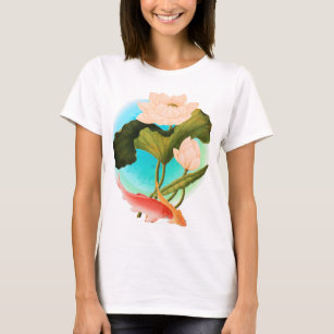 Pink Water Lily and Koi with Blue-Green Circle T-Shirt