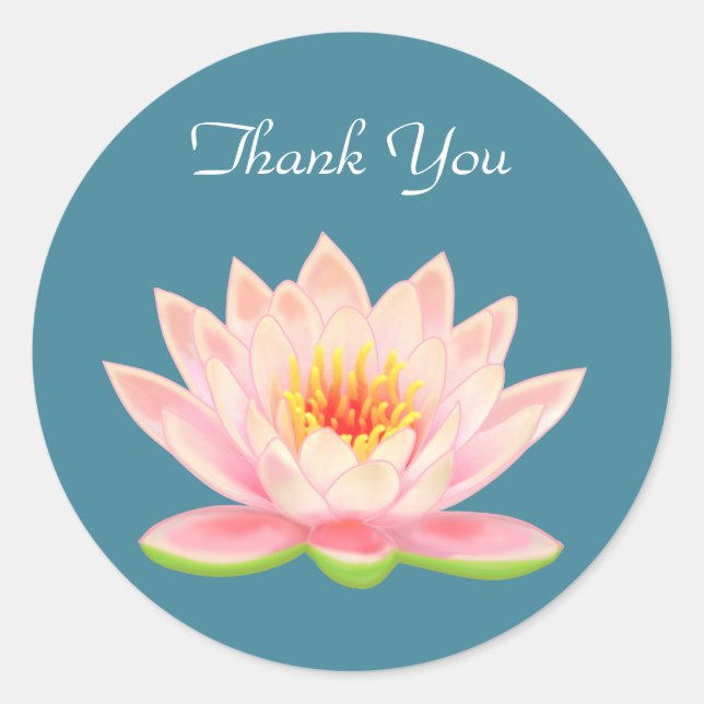 Pink Water Lily Flower on Blue Thank You Classic Round Sticker (Front)