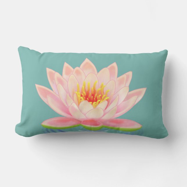 Pink Water Lily Flower on Teal Lumbar Cushion (Front)