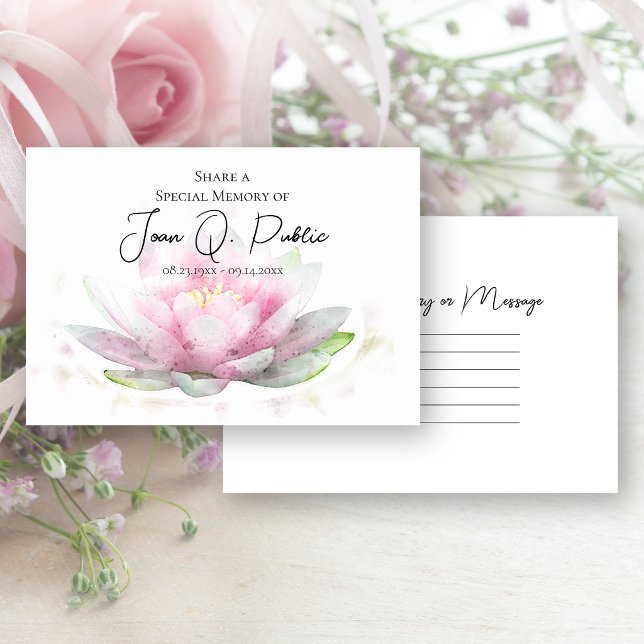 Pink Water Lily Flower Share a Memory Funeral  Card (Creator Uploaded)