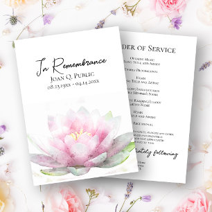 Pink Water Lily Funeral Memorial Service Programme